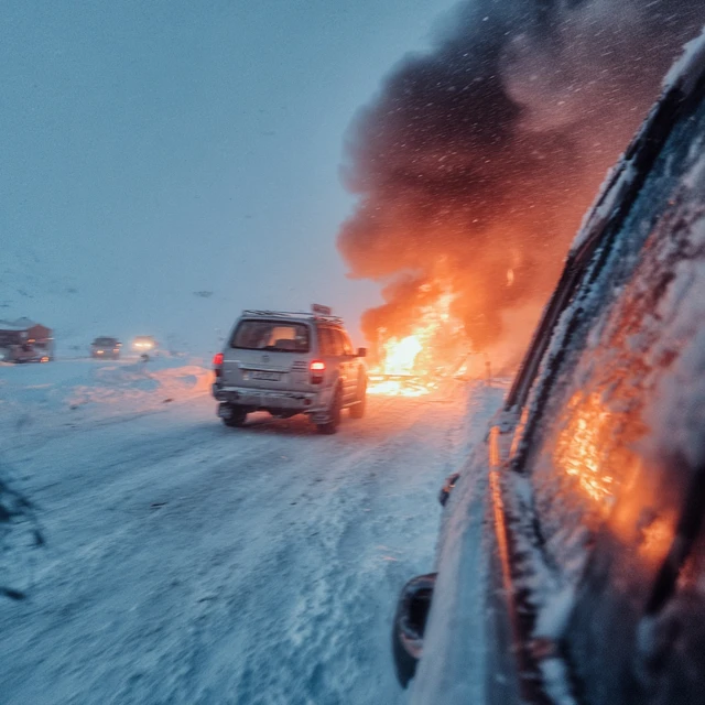 Burning Car Antarctica Dramatic Highway Scene