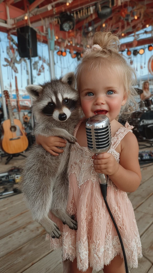 Baby Girl Singing With Raccoon On Stage