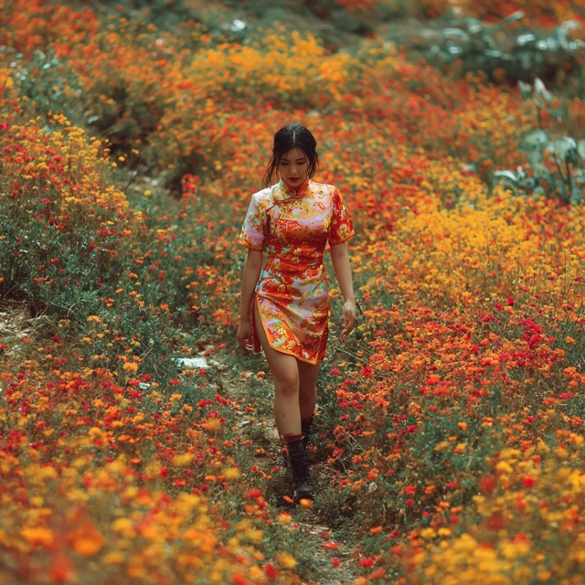 Chinese Girl in a Flower Field Photo