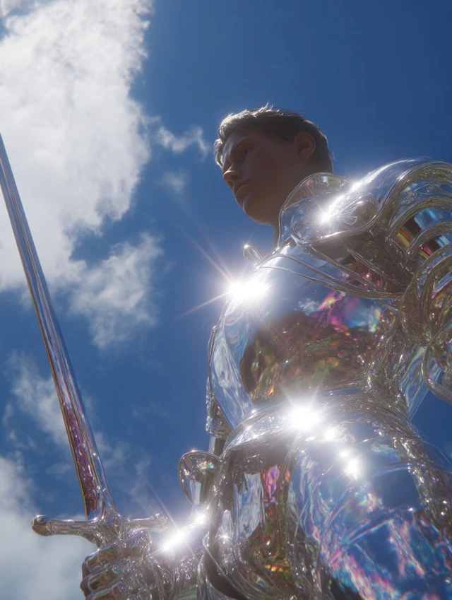 Metallic Warrior in Crystal Armor Under a Blue Sky