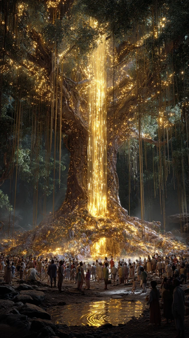 Sacred Tree Golden Waterfall Mythical Forest Scene
