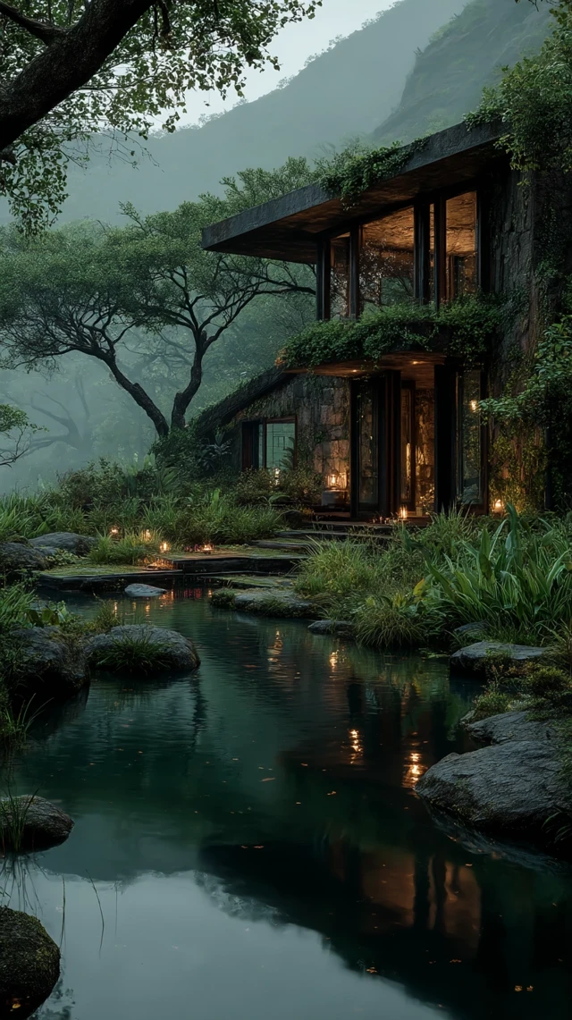 Minimalist Wooden Villa Reflection on Hidden Lake