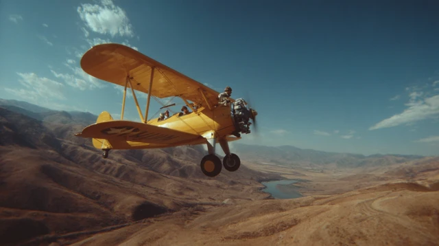 Yellow Biplane Flying Over Valley Canon Film 4K
