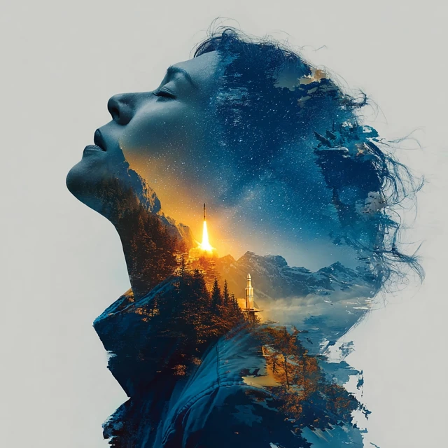 Double Exposure Space Portrait Asian Scientist