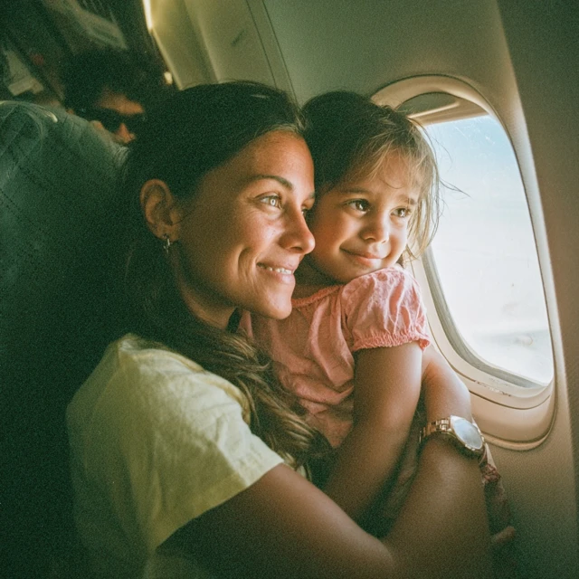Mother and Daughter Smiling on a Plane