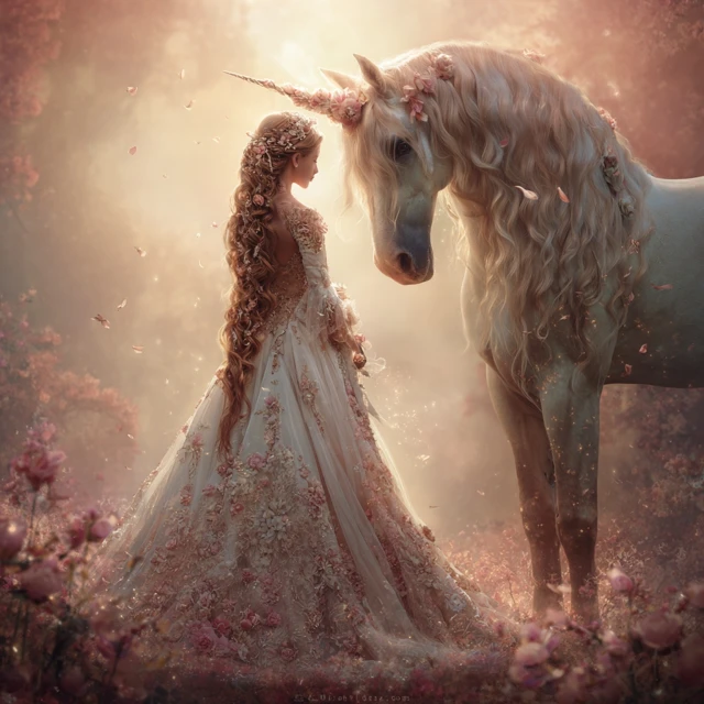 Woman and Unicorn in a Magical Meadow