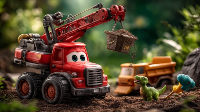 Cartoon Crane and Dinosaurs in a Sandbox