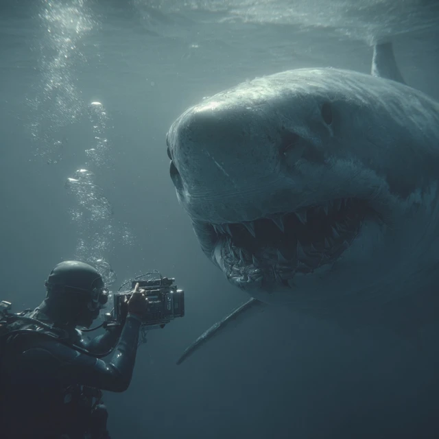 Scuba Diver Meets Shark Underwater Scary Photo