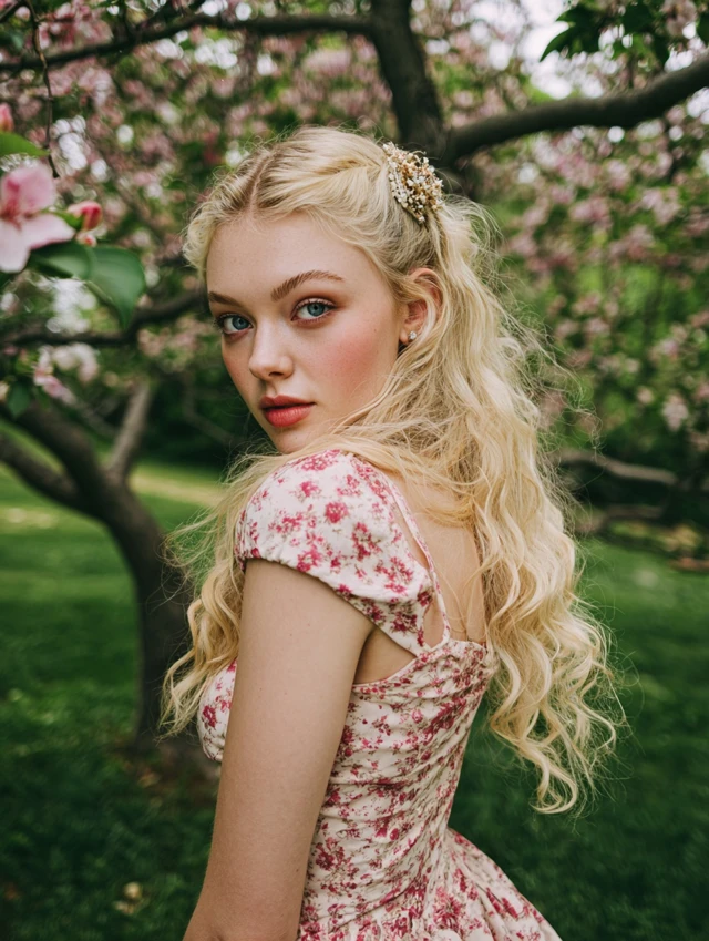 Blonde Model in Spring Park Floral Portrait