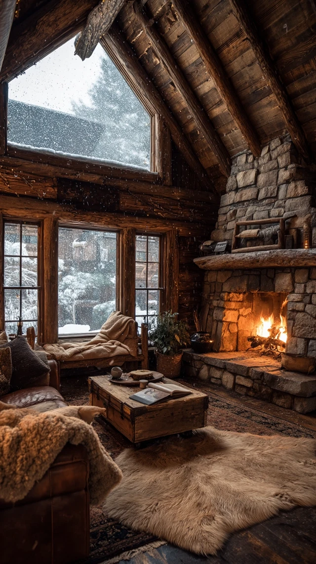 Cozy Winter Log Cabin Living Room Fireplace Snow