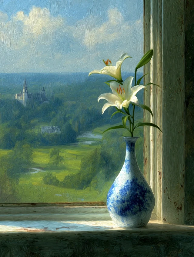 Easter Lily Painting: Vintage Vase and Countryside View