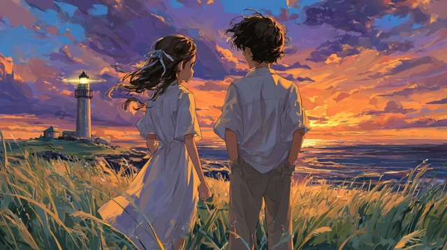 Coastal Sunset Anime Romance Scene