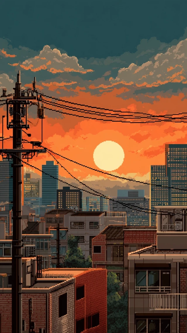 Pixel Art Japanese City Summer Sunset Scene
