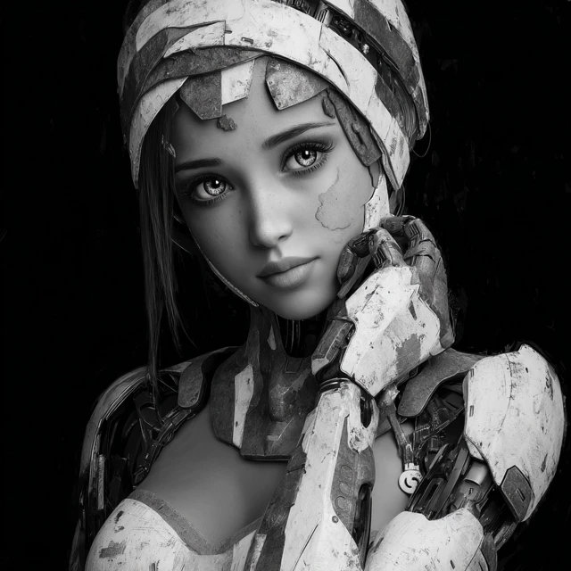 Friendly Female Robot Portrait in Black and White