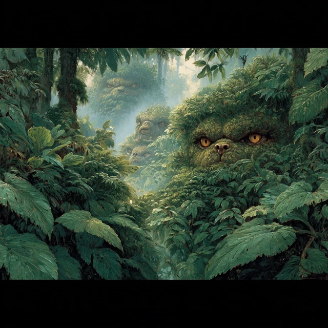 90s Fantasy Rainforest Predators Oil Painting