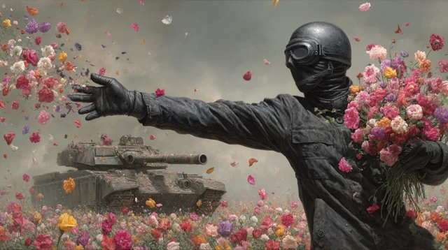 Photorealistic Image: Soldier with Flowers and a Tank