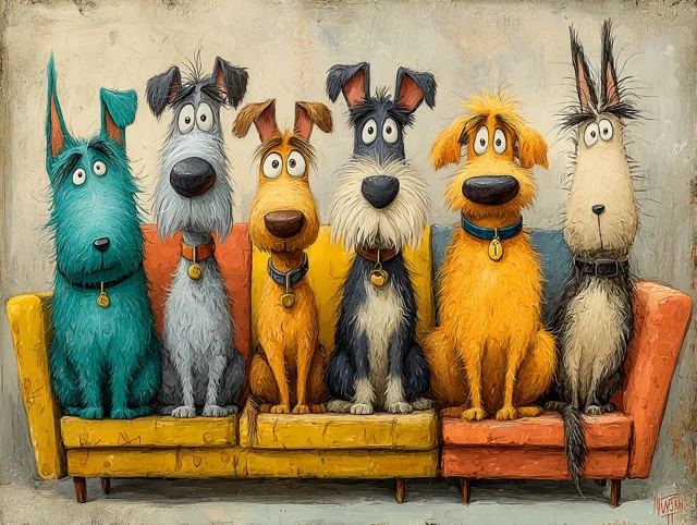 Funny and Cute Dogs on a Cozy Couch - Whimsical Cartoon