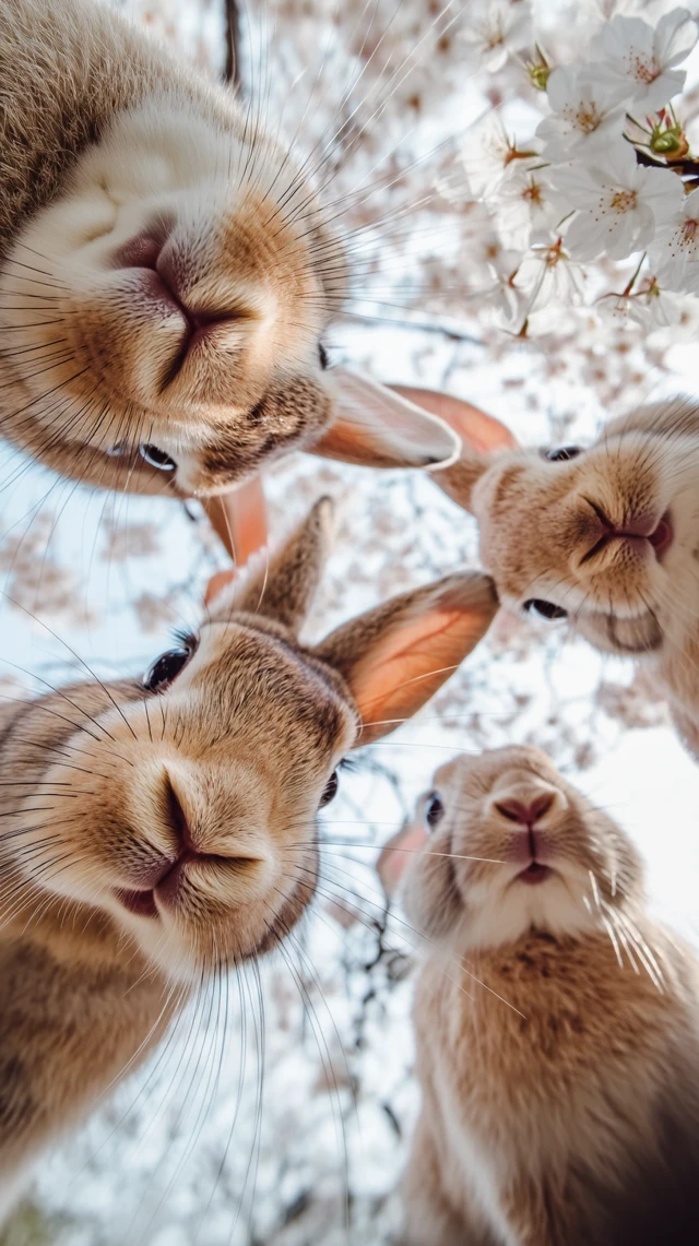 Adorable Rabbits Under Cherry Blossoms
