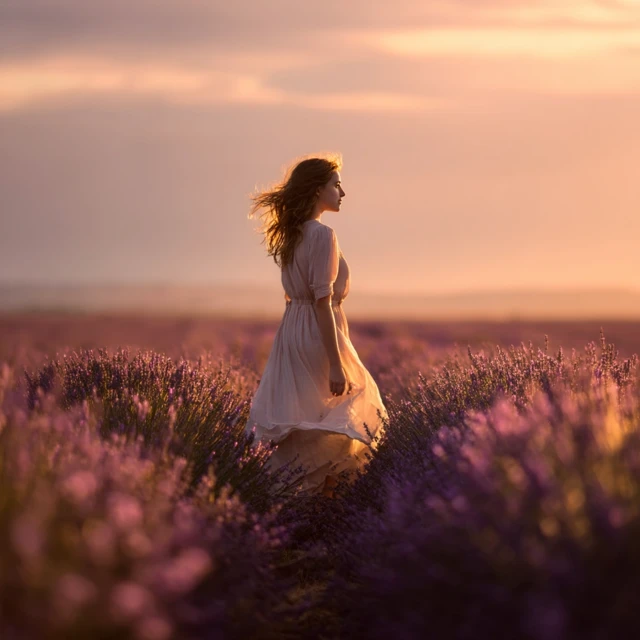 Woman in Lavender Field at Sunrise Photography