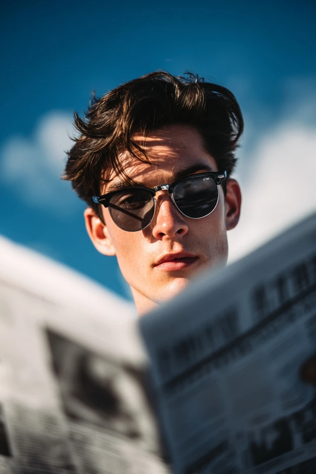Stylish Man in Sunglasses Reading Newspaper