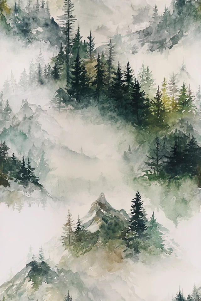 Misty Forest Watercolor Painting Scenery Art