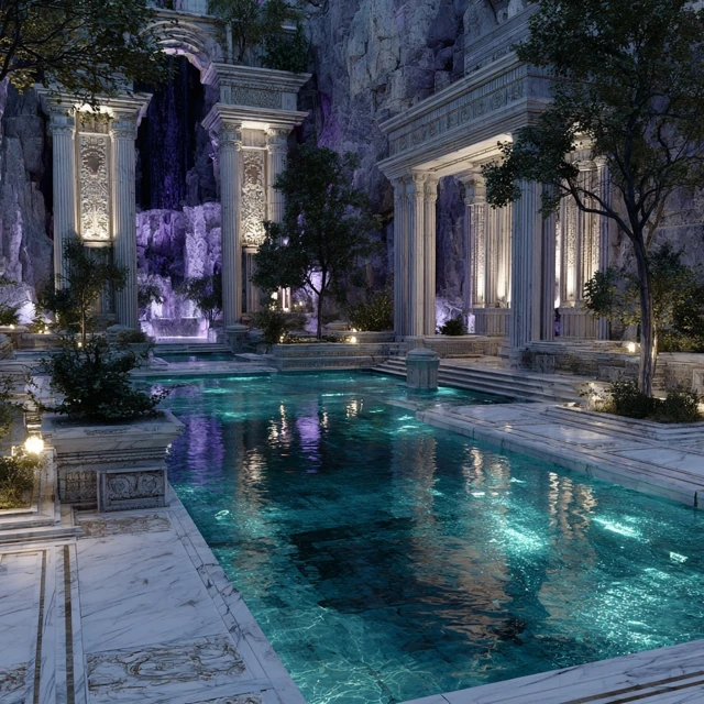 Luxury Garden with Modern Stone Pillars and Marble Pond
