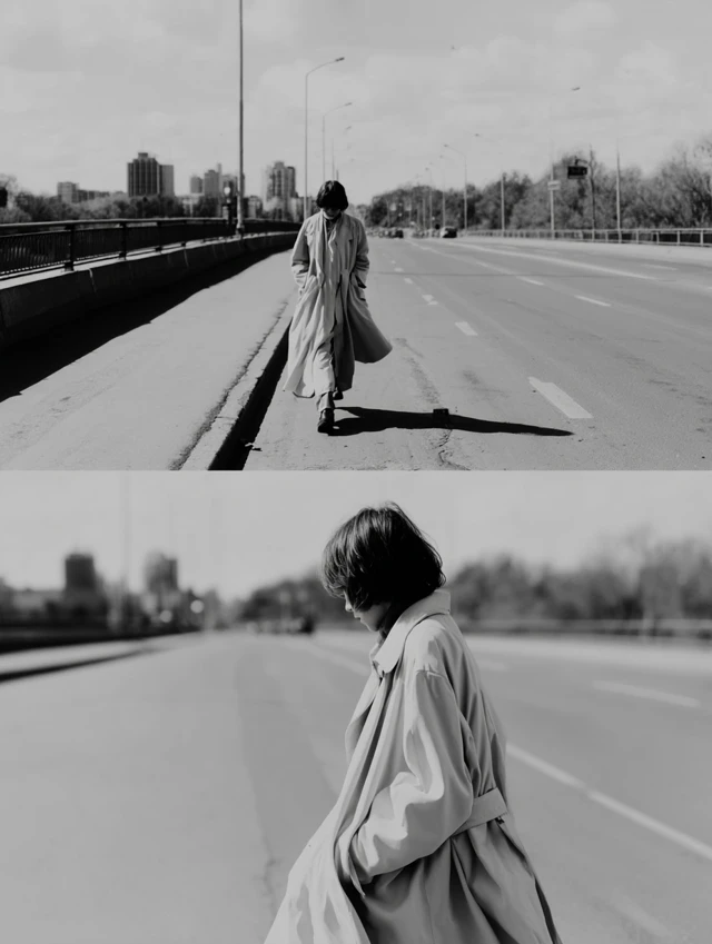 Lonely Woman Walking in City Street