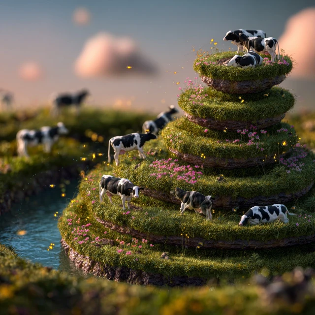 Surreal Floating Cookie Islands Cow Paradise 3D Art