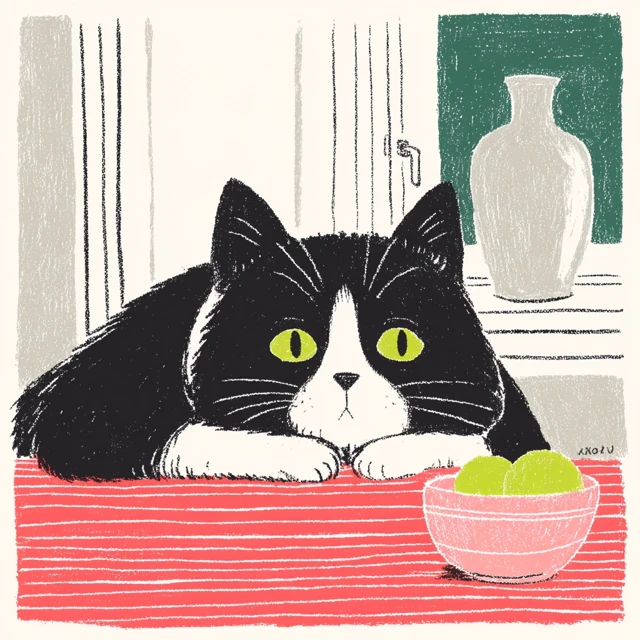 Cat Painting: Black and White Cat with Apples