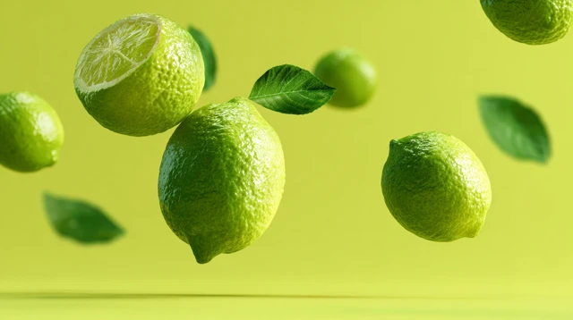 Green Lemons Falling Artistic Food Photography