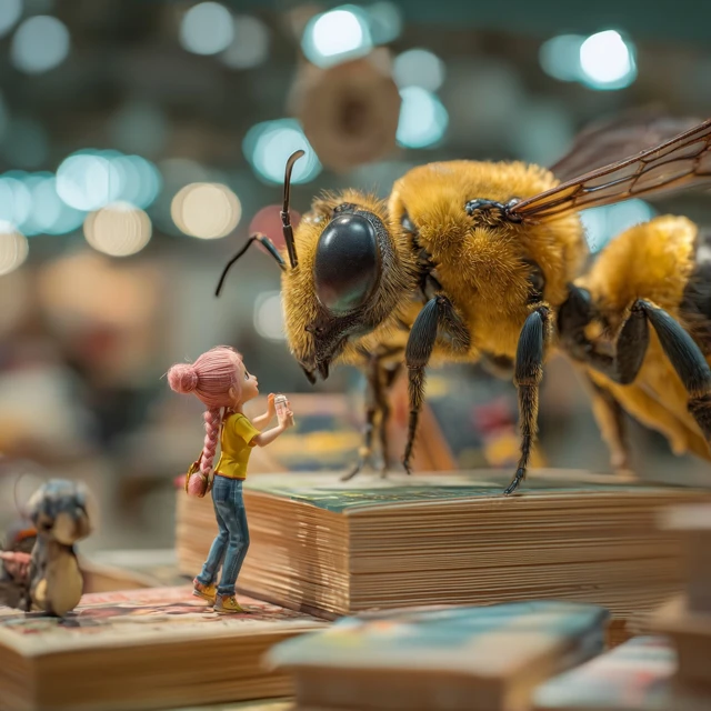 Giant Bookstore with Girl Bee Friend Macro Photography