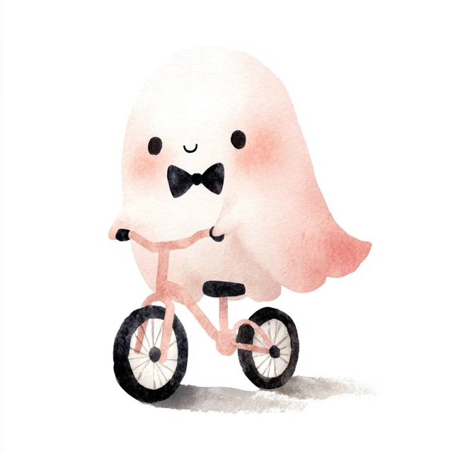 Cute Ghost Riding Bicycle Pastel Watercolor Art