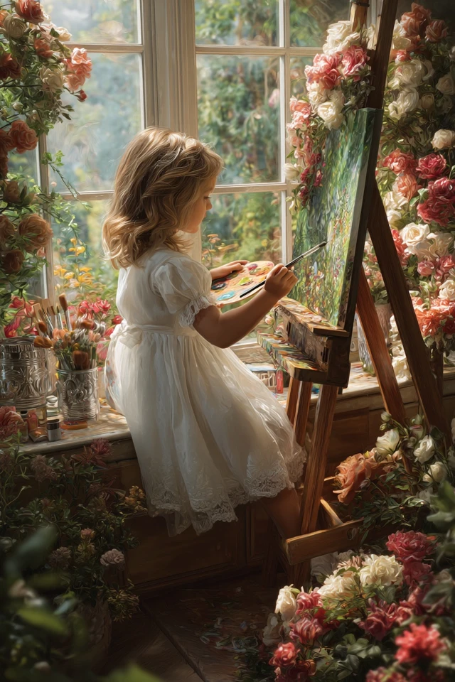 Girl Painting Flowers in Sunlight Art by Kinkade Dittmann