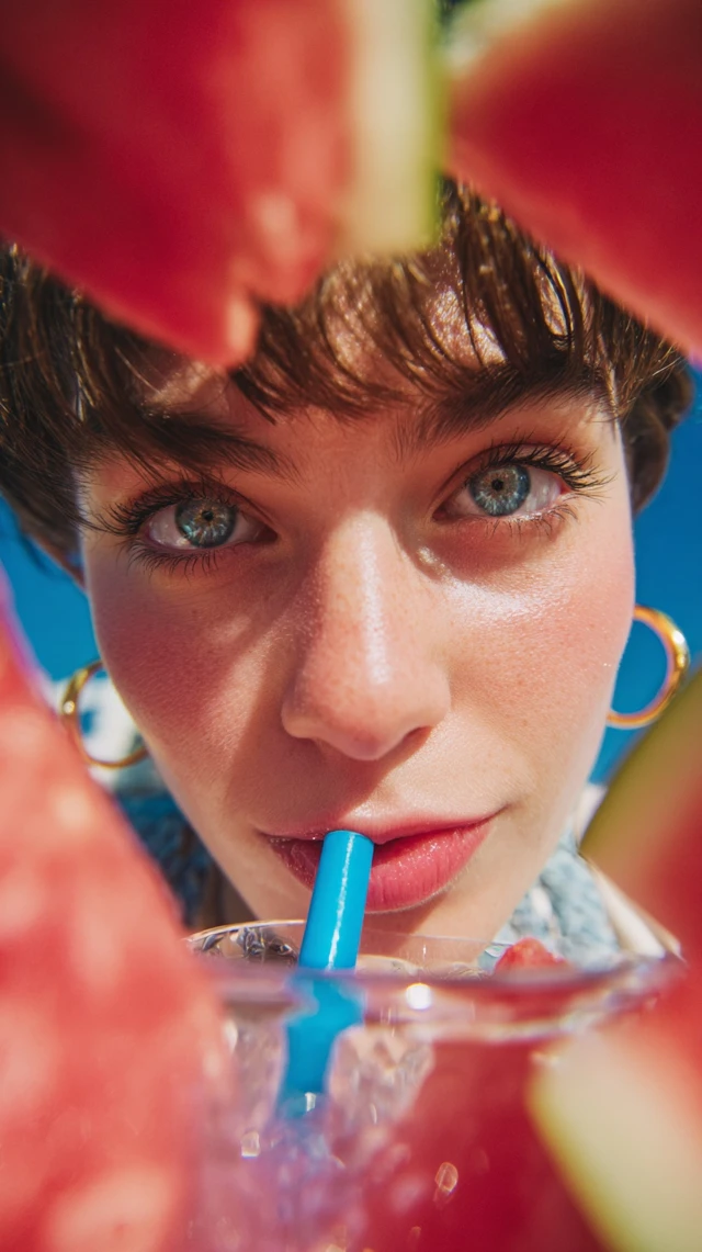 Woman Drinking Watermelon Drink Close Up