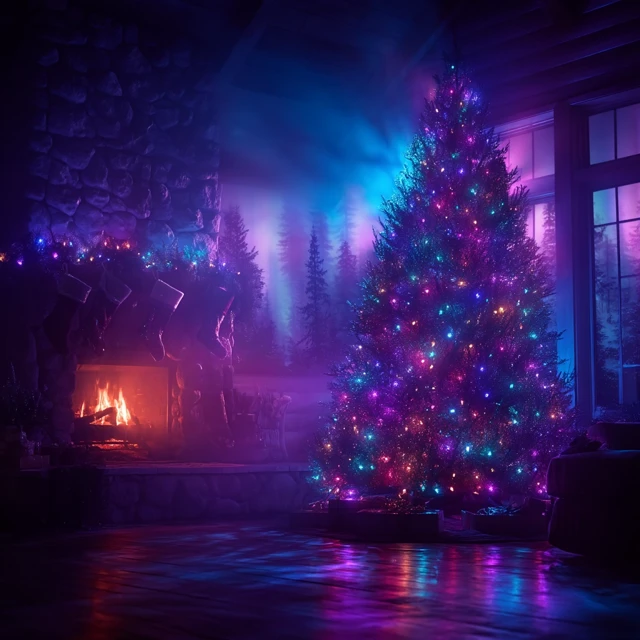 Christmas Tree Living Room Fireplace Night