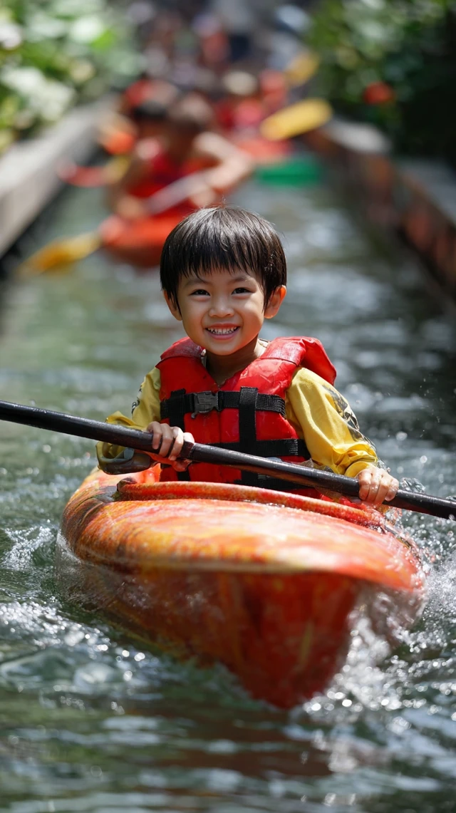 Asian Family Kayaking Fun Summer River Adventure