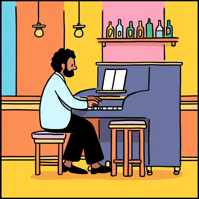 Cartoon Piano Player in a Bar Bright Colors
