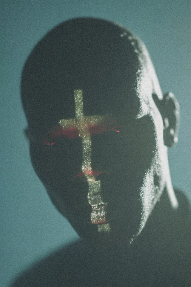 Cyberpunk Portrait with Neon Cross and Glowing Eyes