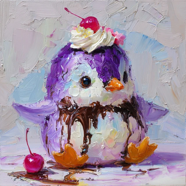 Cute Purple Penguin Dessert Painting by Konstantin Razumov
