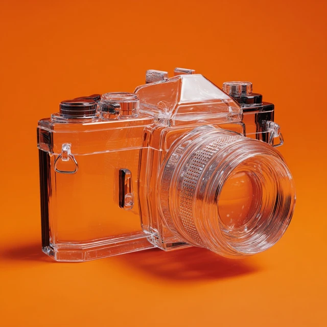 Glass Camera on Orange Background Photography