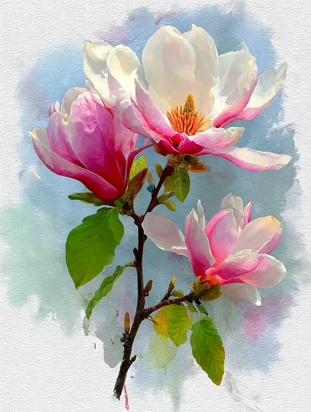 Watercolor Magnolia Flower Art