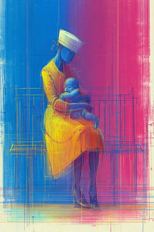 Mother and Baby Portrait Neon Line Art