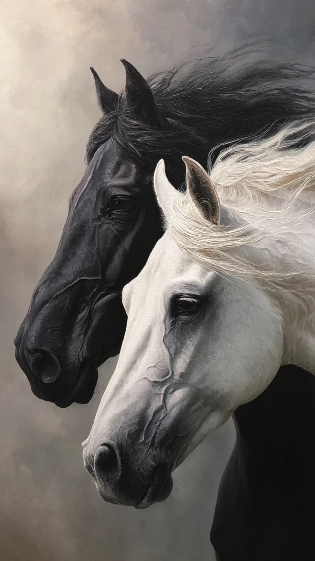 Black and White Horses Portrait: Detailed Art
