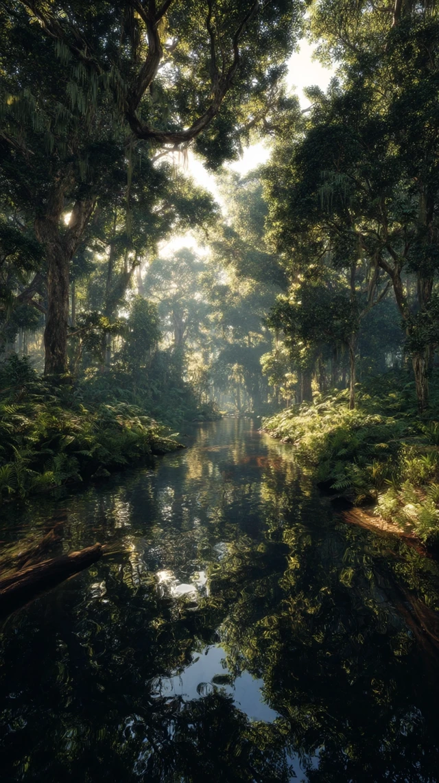 Majestic Rainforest Scene Sunlight and Reflections