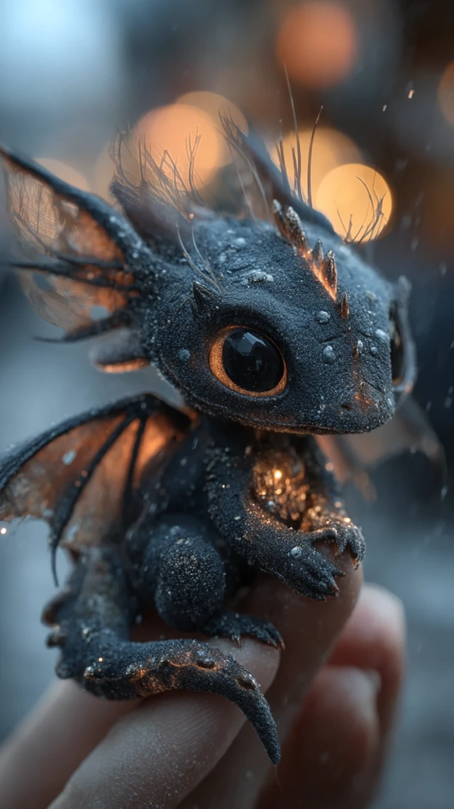 Adorable Tiny Black Dragon in Hand Fantasy Art