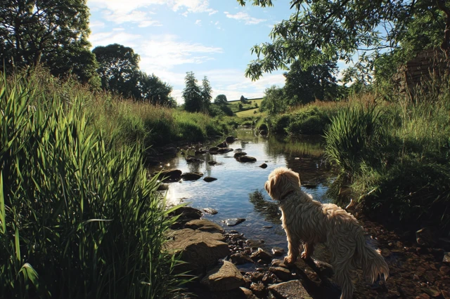 Dog by Stream Sunny Day Nature Photography