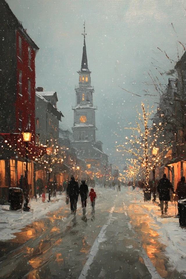 New England Winter Street Painting Christmas Snowfall