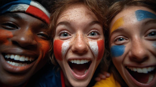 Soccer Fans Celebrating Painted Faces and National Flags