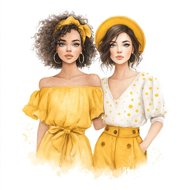 Watercolor Friends Girls in Yellow Outfit Clipart