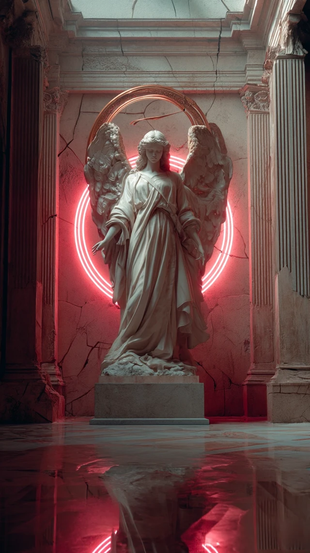 Cyberpunk Angel Statue in Decaying Cathedral